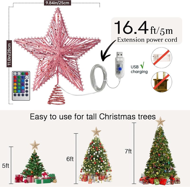 WVSAFV Christmas Tree Topper Star Pink, Christmas Tree Toppers with 40 Colour & Warm LED Lights, Tradition Tree Topper Star for Home Holiday Xmas Tree Christmas Decor - Image 4